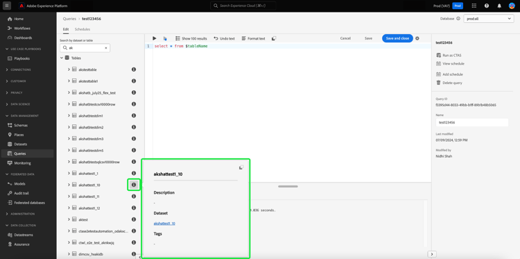 Die Navigationsleiste des Datensatzes im Abfrage-Editor mit hervorgehobener Sucheingabe.