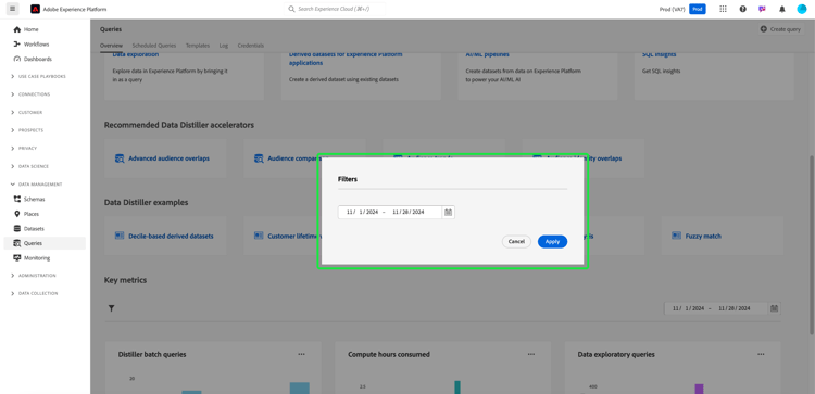 Das Dialogfeld „Filter“ für die Diagramme mit den Schlüsselmetriken im Abfrage-Service Workspace.