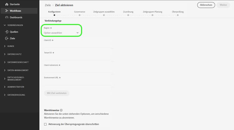 Neuer Regionsselektor ist hervorgehoben.
