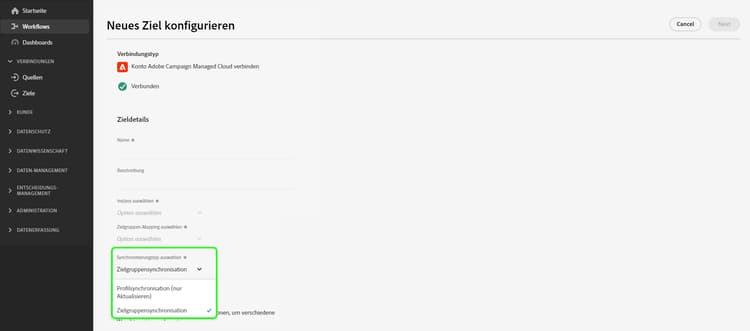 Neue Auswahl des Synchronisierungstyp-Selektors ist hervorgehoben.