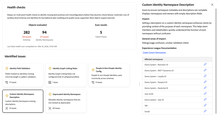 Detailbereich für benutzerdefinierte Identity-Namespaces-Beschreibungen mit Beschreibung, Auswirkungen und der Liste der betroffenen Namespaces