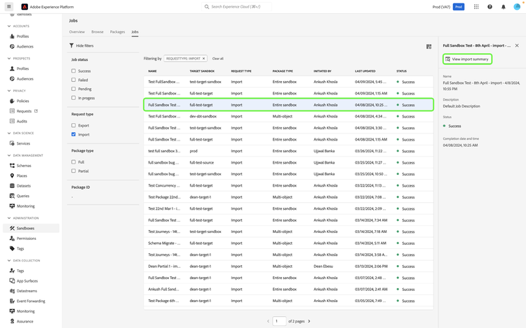 Sandboxes Importe hebt die Auswahl Importdetails anzeigen im rechten Bereich hervor.