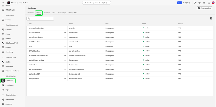 Das Sandbox-Dashboard mit ausgewählter Registerkarte Durchsuchen , auf der eine Liste der verfügbaren Sandboxes angezeigt wird.