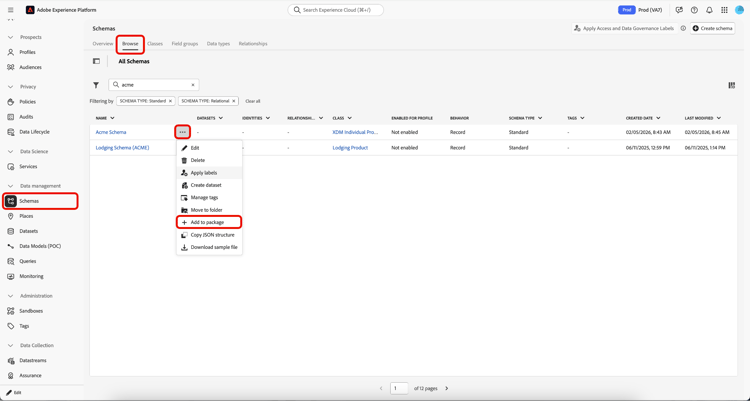 Liste der Schemata mit dem Dropdown-Menü, in dem das Add to package hervorgehoben ist.