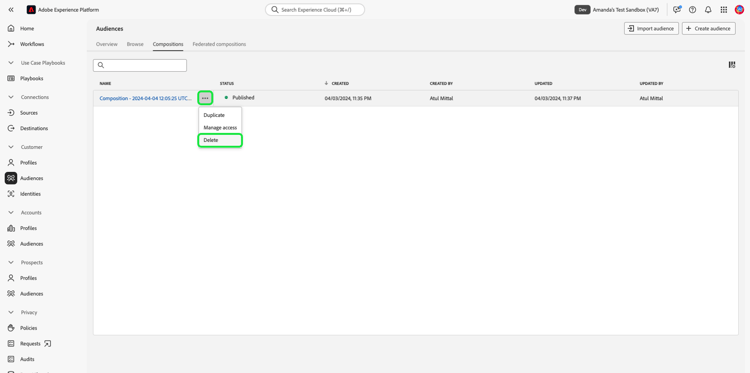 Das Zielgruppen-Menü mit hervorgehobener Option Löschen.