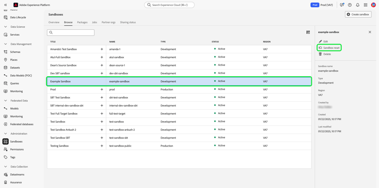 Das Sandbox-Dashboard mit der ausgewählten Sandbox und der hervorgehobenen Option „Sandbox zurücksetzen“.