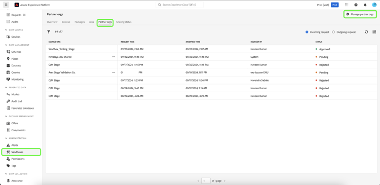 Die Sandbox-Benutzeroberfläche, wobei die Registerkarte Partner-Organisationenund Partnerorganisationen verwaltenhervorgehoben sind.