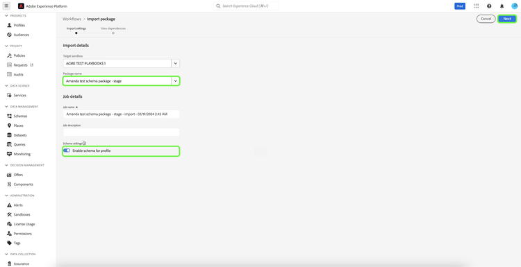 Auf der Seite mit den Importdetails wird die Paketname Dropdown-Auswahl