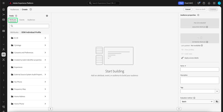 Der Abschnitt „Attribute“ der Segment Builder-Felder ist hervorgehoben.