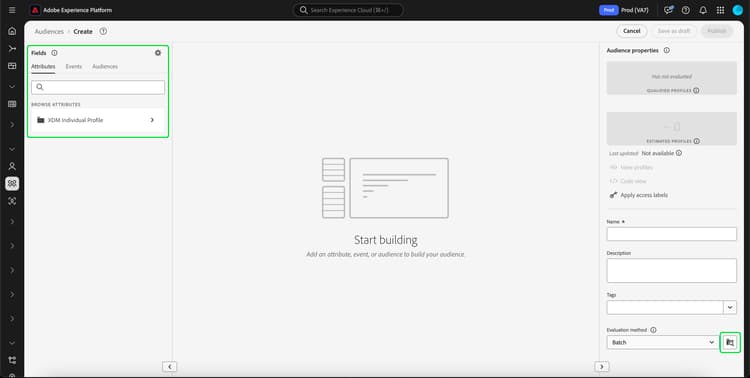 Der Segment Builder-Abschnitt „Felder“ ist hervorgehoben.