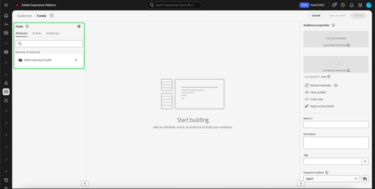 Der Segment Builder-Abschnitt „Felder“ ist hervorgehoben.