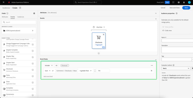 Die Ereignisregeln, die eine Aggregationsfunktion anzeigen