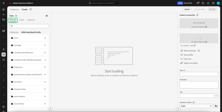 Der Abschnitt „Attribute“ der Segment Builder-Felder ist hervorgehoben.