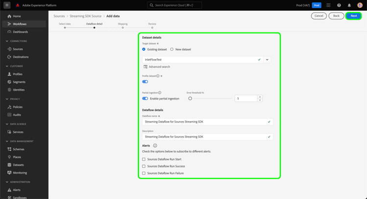 Der Schritt „Datenflussdetails“ des Quell-Workflows.