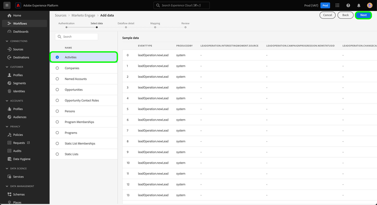 Der Schritt Daten auswählen im Ursprungs-Workflow mit dem ausgewählten Aktivitäts-Datensatz.