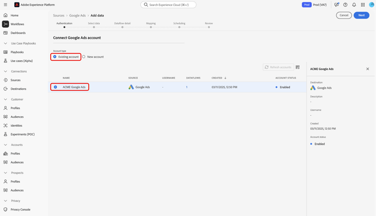 Die Auswahlseite für vorhandene Konten im Quell-Workflow.
