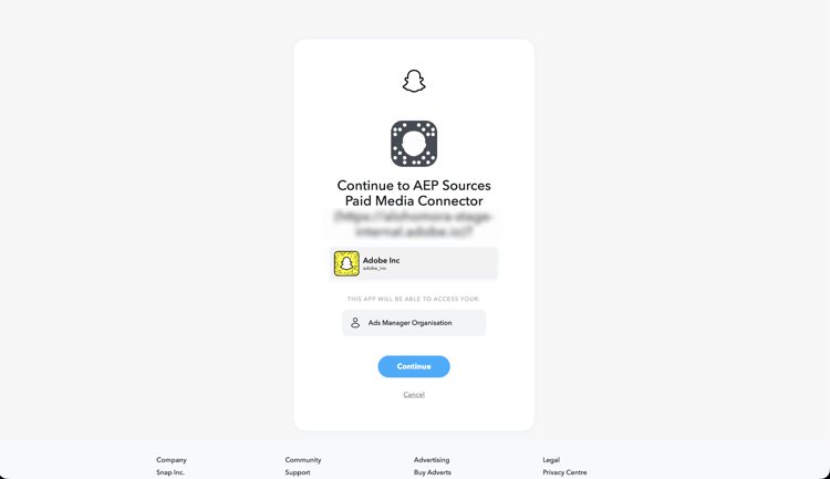 Die Snapchat-Autorisierungsseite, die Zugriff auf die Ads Manager-Organisation anfordert.
