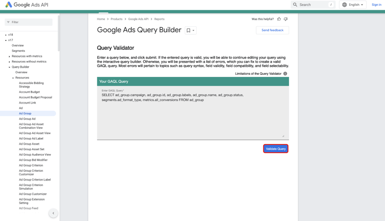 Der Google Ads Query Builder-Validator.