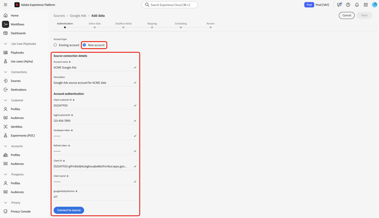 Die neue Kontoschnittstelle im Quell-Workflow.