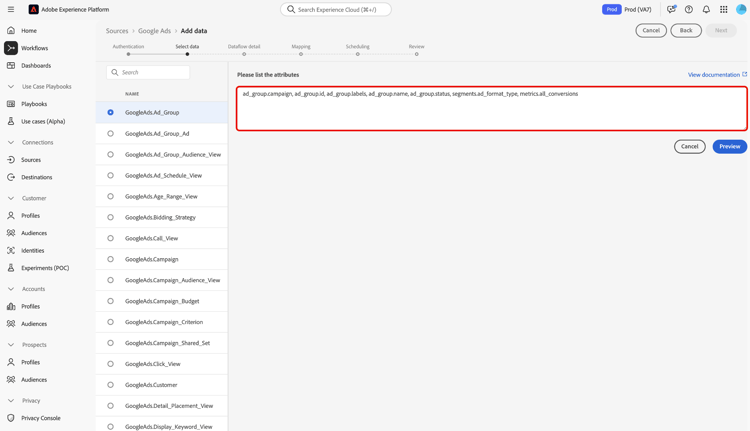 Das Bedienfeld „Listenattribute“ im Quell-Workflow.