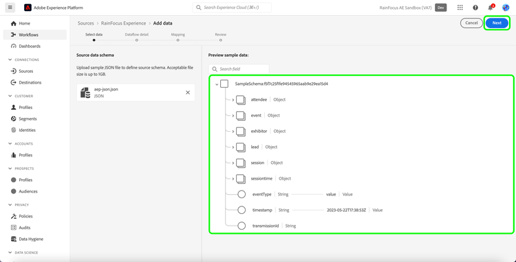 Der Schritt der Datenvorschau des Ursprungs-Workflows.