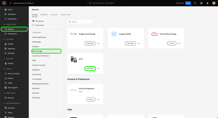 Der Experience Platform-Quellkatalog mit der ausgewählten SFTP-Quelle.