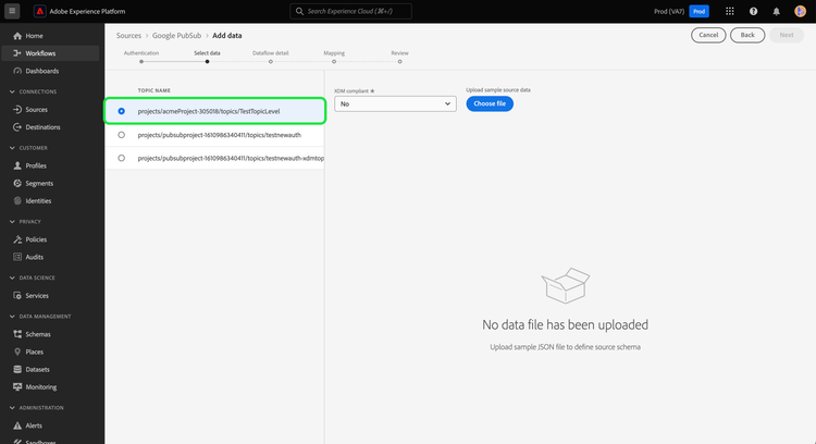 Der Schritt Datenauswahl des Ursprungs-Workflows mit projektbasierter Authentifizierung.