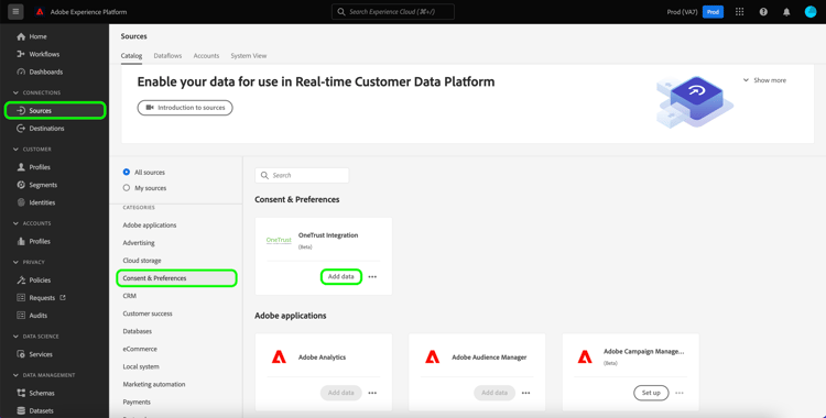 Der Quellenkatalog für die Experience Platform-Benutzeroberfläche.