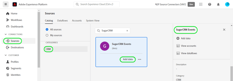 Screenshot der Platform-Benutzeroberfläche für den Katalog mit der SugarCRM Events-Karte