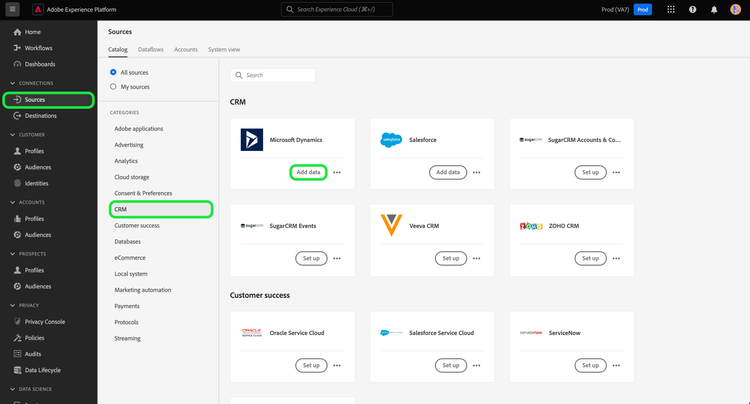 Der Quellkatalog mit ausgewähltem Microsoft Dynamics.