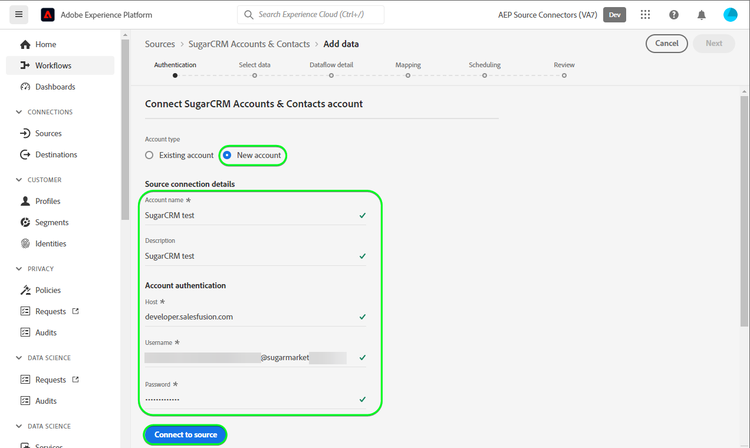 Screenshot der Platform-Benutzeroberfläche für das Connect SugarCRM-Konten- und Kontaktkonto mit einem neuen Konto