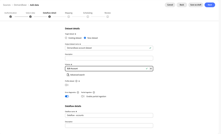 Der Schritt „Datenflussdetails“ des Quell-Workflows.