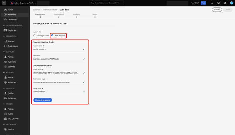 Die neue Kontoschnittstelle im Quell-Workflow.