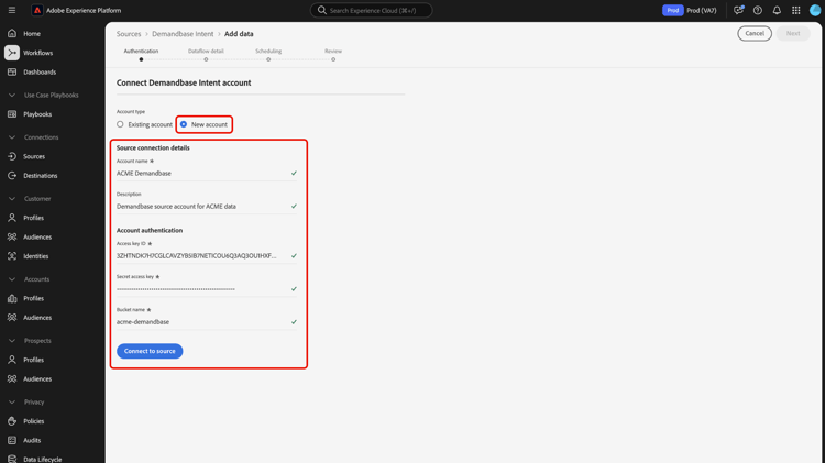 Die neue Kontoschnittstelle des Quell-Workflows.