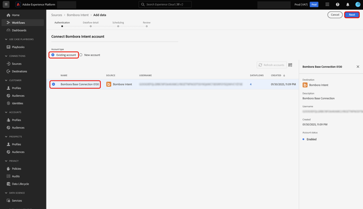 Die vorhandene Kontoschnittstelle im Quell-Workflow.