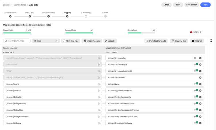 Die Zuordnungsschnittstelle mit den Demandbase-Quellfeldern, die den Zielfeldern des B2B-Kontos zugeordnet sind.