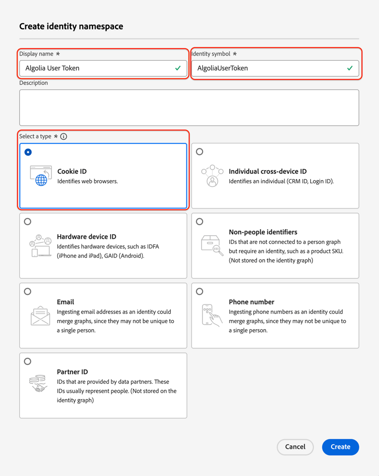 Bildschirm zum Erstellen von Identity-Namespaces.