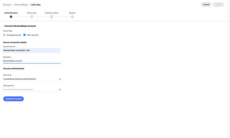 Die neue Kontoschnittstelle des Quell-Workflows.