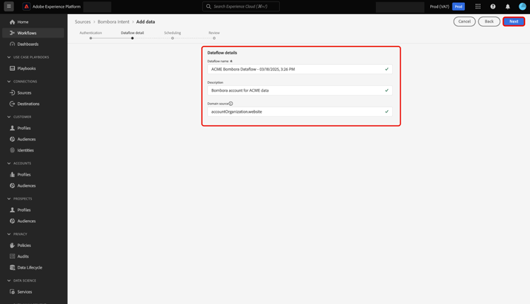 Die Datenflussdetails-Schnittstelle des Quell-Workflows.