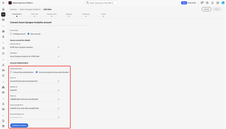 Schritt „Neues Konto erstellen“ im Quell-Workflow mit der Option „Service-Prinzipal- und Schlüsselauthentifizierung“.
