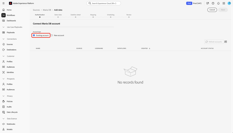 Die Schnittstelle „Vorhandene Konten“ im Quell-Workflow mit ausgewähltem „Vorhandenes Konto“.