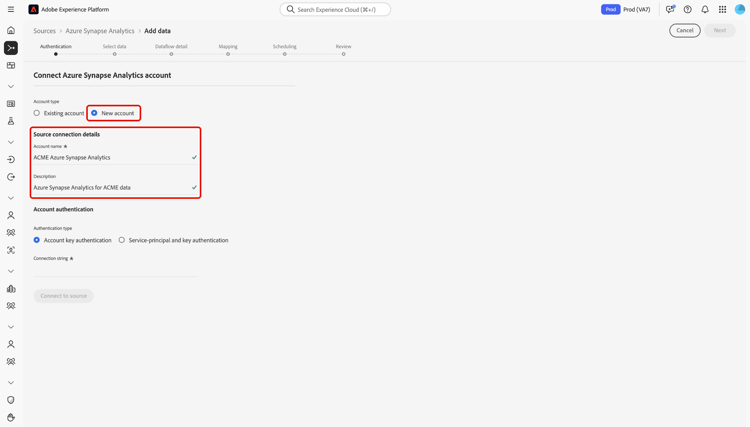 Die neue Kontoschnittstelle des Quell-Workflows.