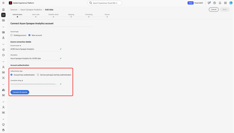 Schritt „Neues Konto erstellen“ im Quell-Workflow mit der Option „Authentifizierung des Kontoschlüssels ausgewählt.