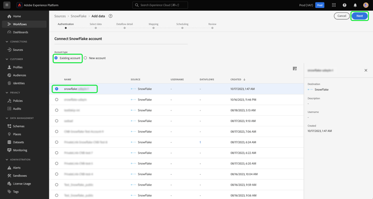 Die vorhandene Kontoschnittstelle im Quellen-Workflow.