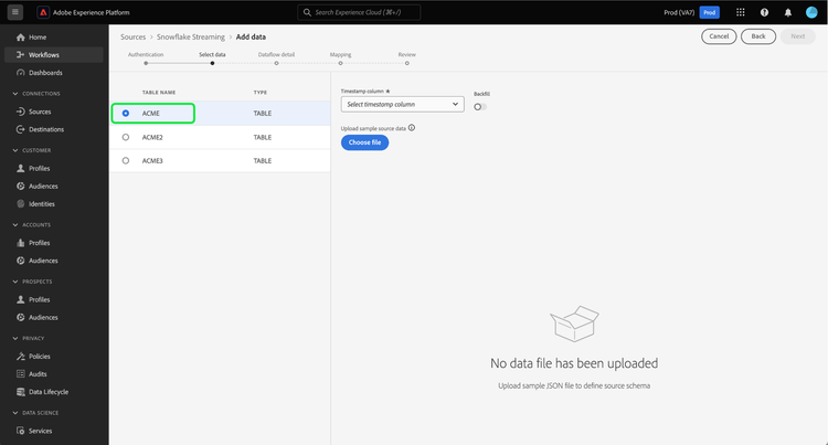 Die ausgewählte Datenschnittstelle mit einer ausgewählten Datenbanktabelle.