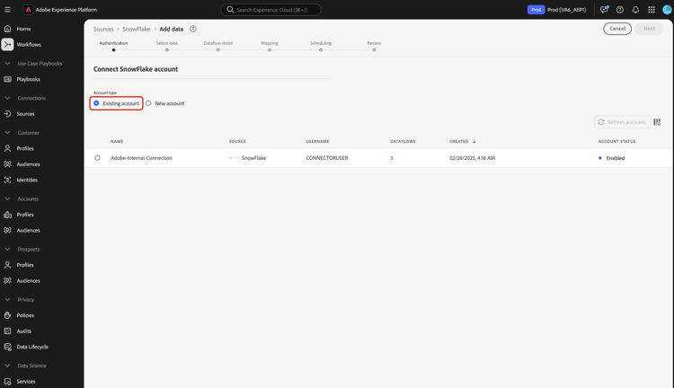 Die vorhandene Kontoschnittstelle im Quell-Workflow.
