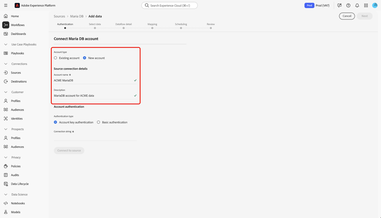 Die neue Kontoschnittstelle im Quell-Workflow mit einem Kontonamen und einer optionalen Beschreibung.