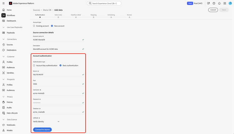 Die neue Kontoschnittstelle im Quell-Workflow mit ausgewählter „Standardauthentifizierung“.