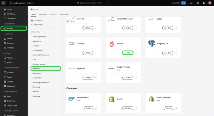 Der Quellkatalog auf der Experience Platform-Benutzeroberfläche mit der ausgewählten Phoenix-Quellkarte.