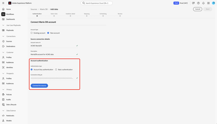 Die neue Kontoschnittstelle im Quell-Workflow mit ausgewählter „Authentifizierung des Kontoschlüssels“.